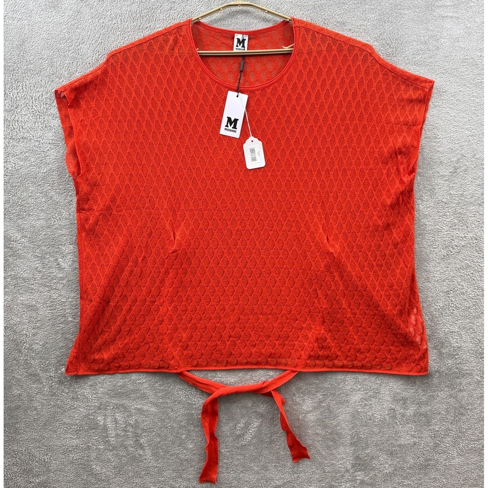 M by Missoni Top‎ Womens Medium Red/Orange Short Sleeve Crew Oversized Sheer NWT